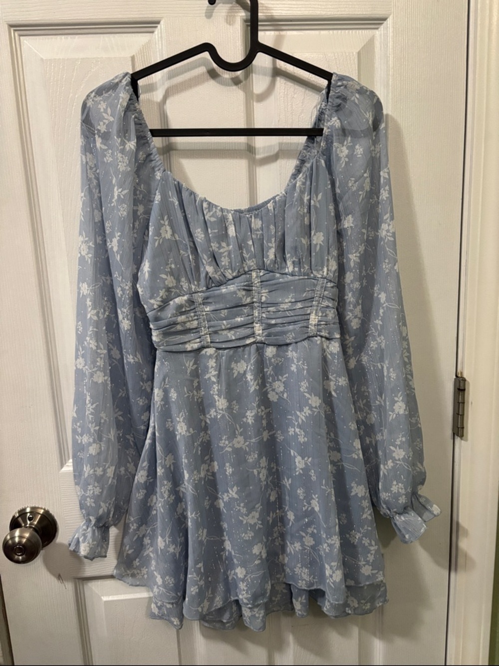 Light Blue Floral Long Sleeve Mini Dress